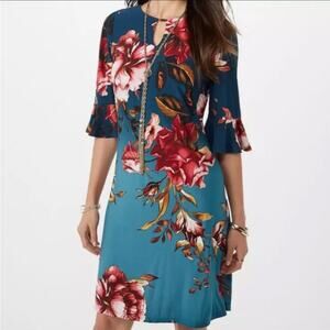 Roz & Ali Keyhole Shift Dress 3/4 Bell Sleeve Floral Print Women’s Size 1X